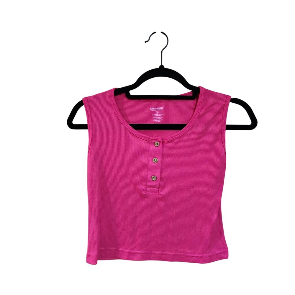 Pink Ribbed Cropped Tank Top With Button-Front Detail By Emme Jordan